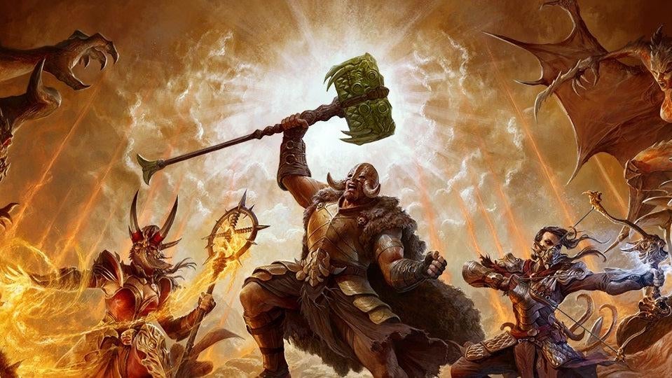 A barbarian holds up a hammer now that Diablo 4 is great again. 